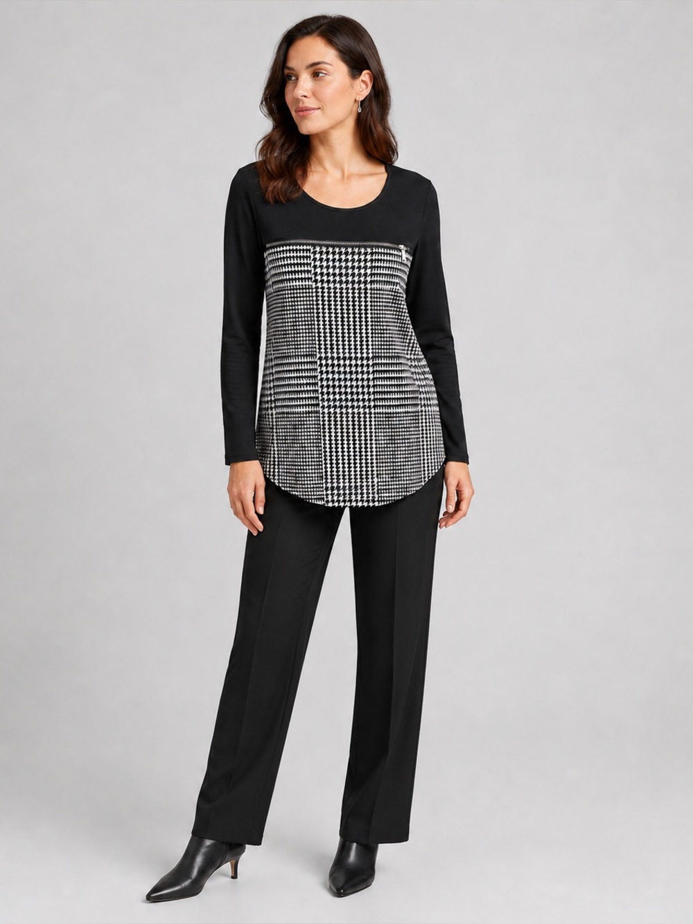 Calvin Klein Mixed Plaid Houndstooth Zip Tunic Top Size S
